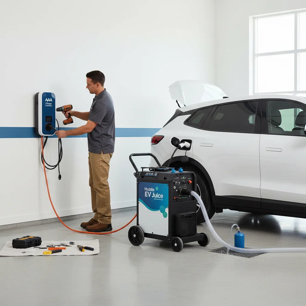 Split scene showing a flatbed tow truck loading an EV on the left and a possible on-site charging stop on the right on a San Diego street