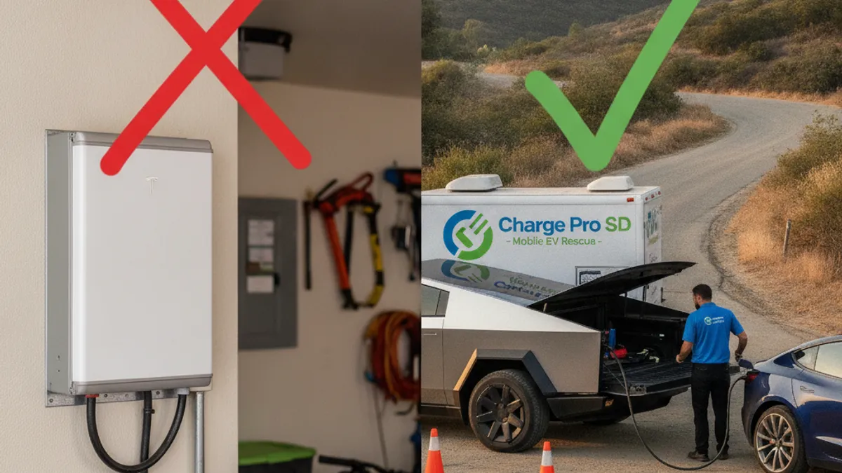 A split image. On the left, a home battery unit on a Poway garage wall with a red X over it. On the right, a Charge Pro SD mobile charging truck helping a stranded EV on a rural Poway road, with a green checkmark.