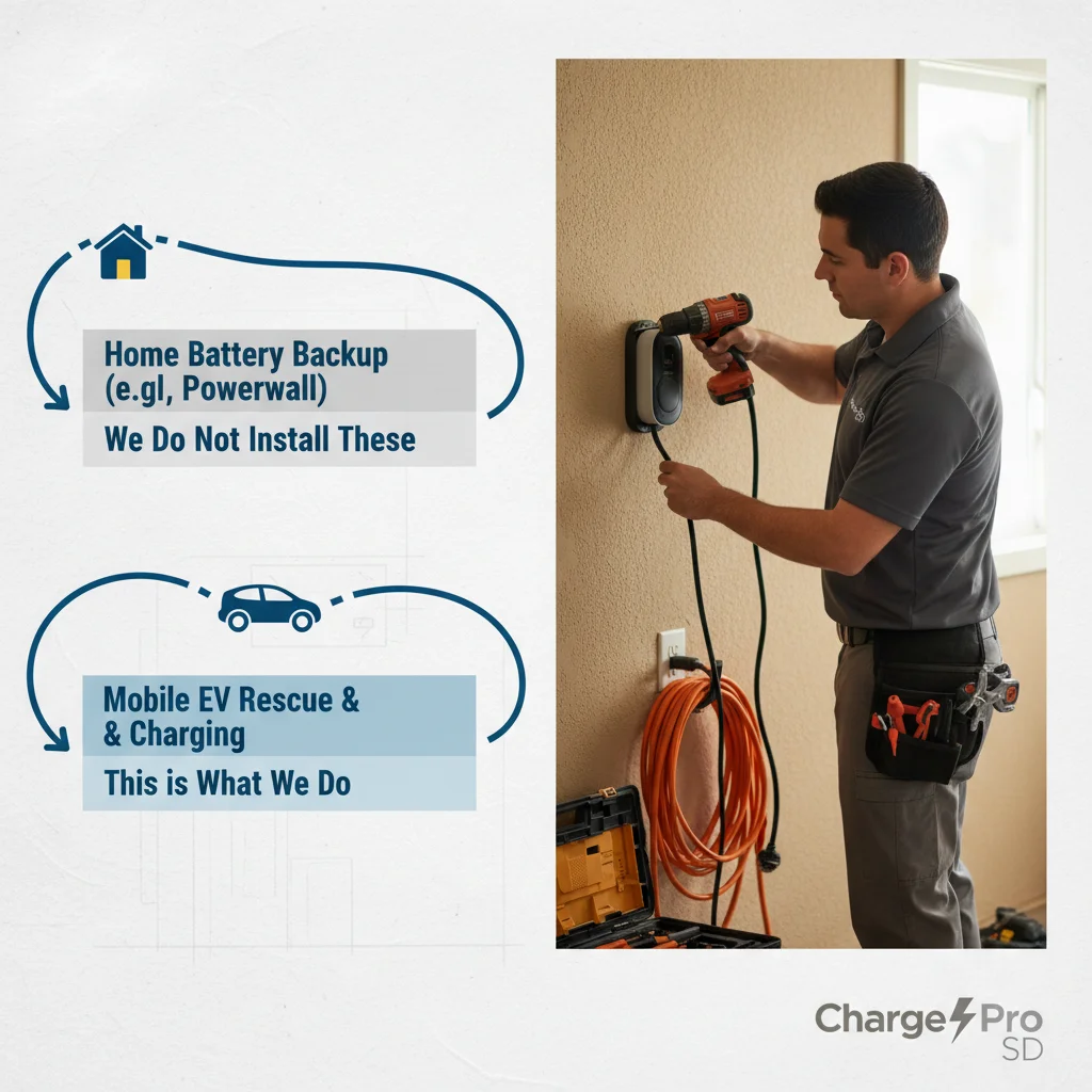 A graphic showing two distinct paths. Path 1: A house icon leads to 'Home Battery Backup' with text 'We don't install these'. Path 2: An EV icon leads to 'Mobile EV Rescue' with text 'This is what we do'.