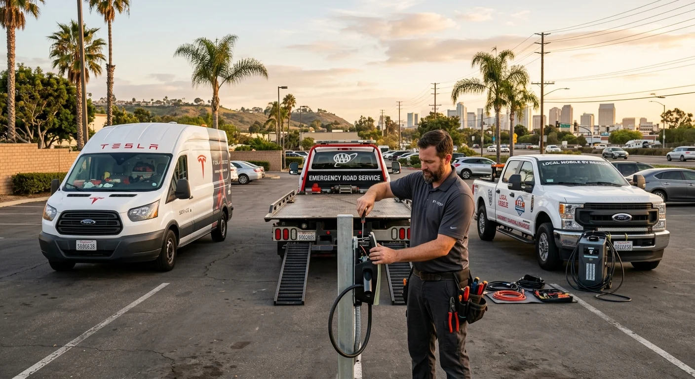 Three roadside trucks side by side, Tesla service, AAA, and a local mobile EV rescue, staged in a San Diego parking lot at golden hour, photorealistic