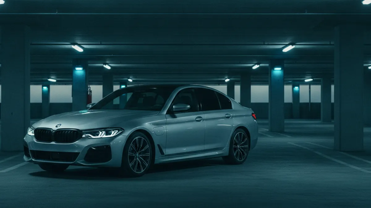 A BMW i5 parked in a San Diego structure with a dark dashboard, illustrating a dead 12V battery.