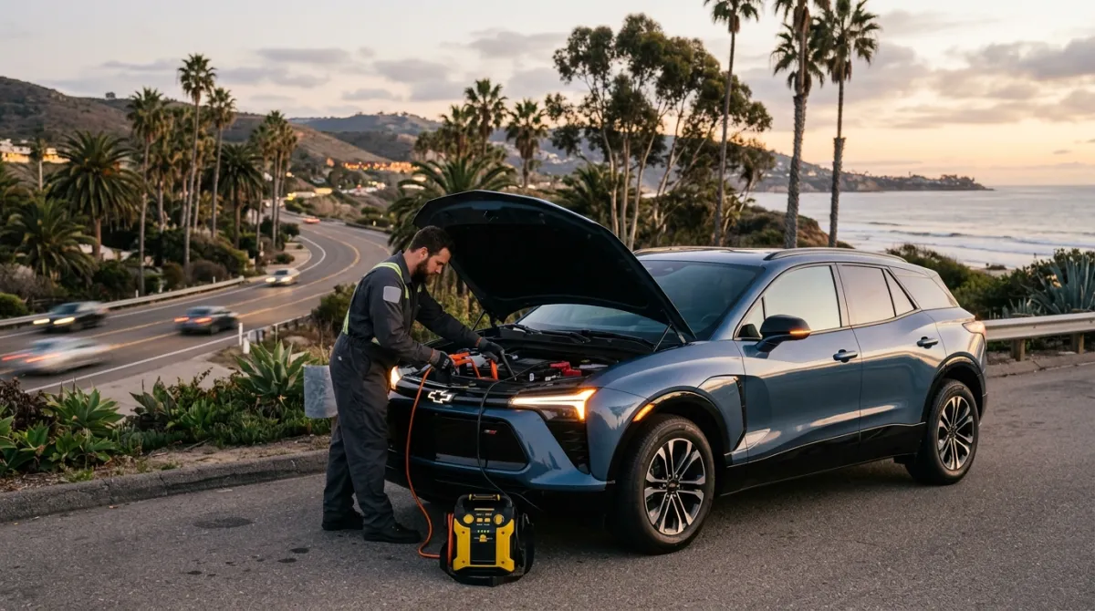 A mobile EV rescue technician connects a jump pack to a Chevy Blazer EV parked roadside in San Diego County at dusk.