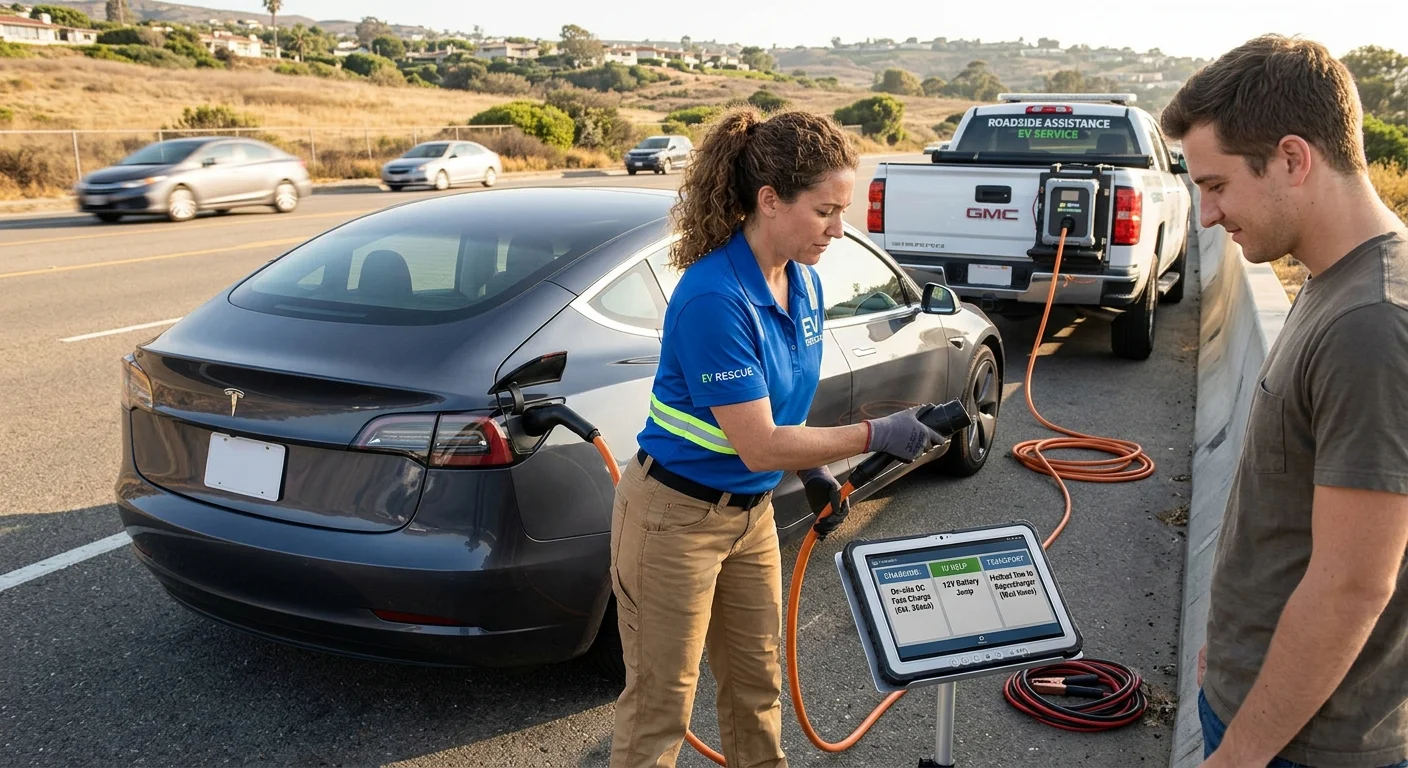 A stranded electric car parked away from traffic in San Diego. This page does not name a dash message.