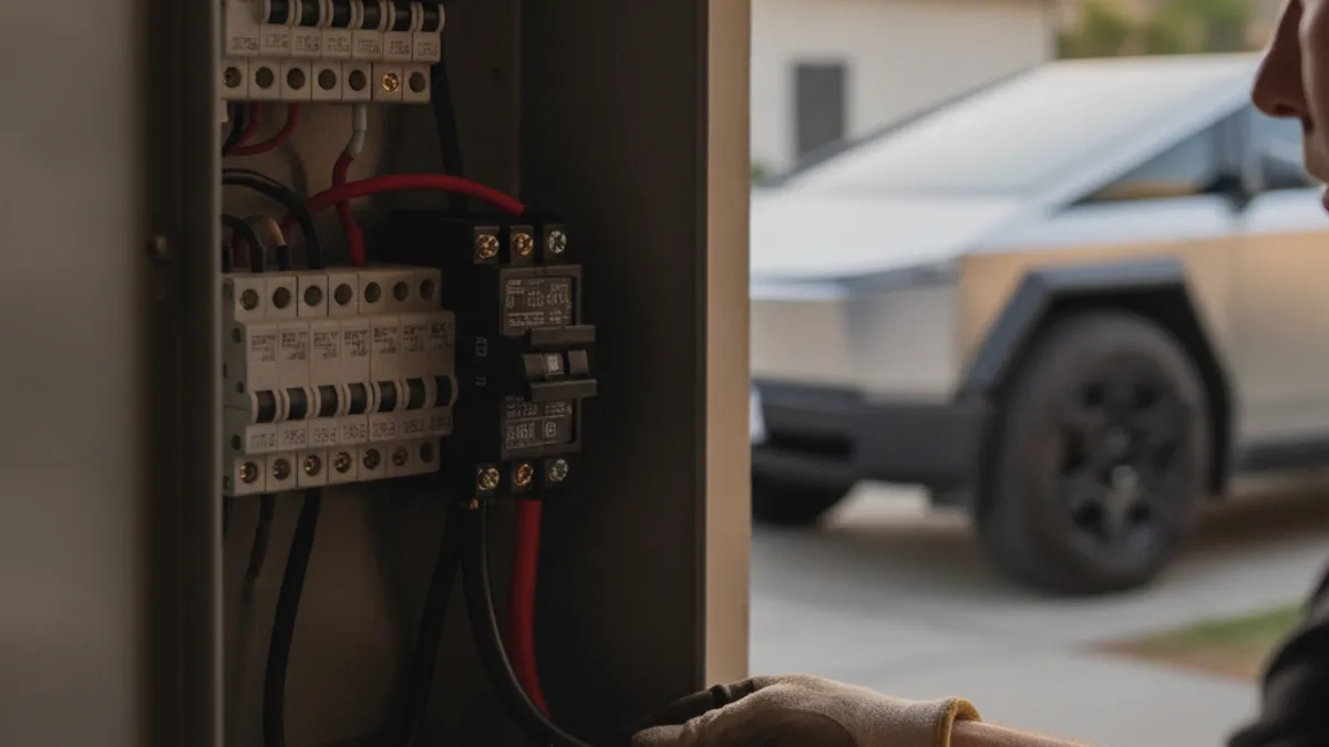 An electrician's hands working inside an open residential electrical panel during a panel upgrade, with a new 240V breaker visible.