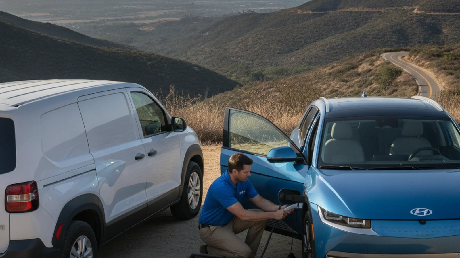 An EV on a San Diego County road. Charge Pro does not publish a heat-loss percentage.