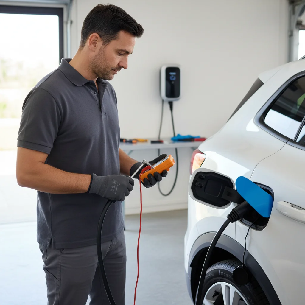 A Chevy Equinox EV plugged into a Level 2 charger at a San Diego parking structure with a charge fault indicator on the screen.