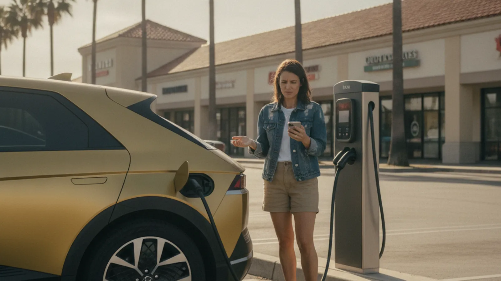 A Hyundai Ioniq 5 driver stands beside a public DC fast charging kiosk showing an error light in a San Diego shopping center parking lot