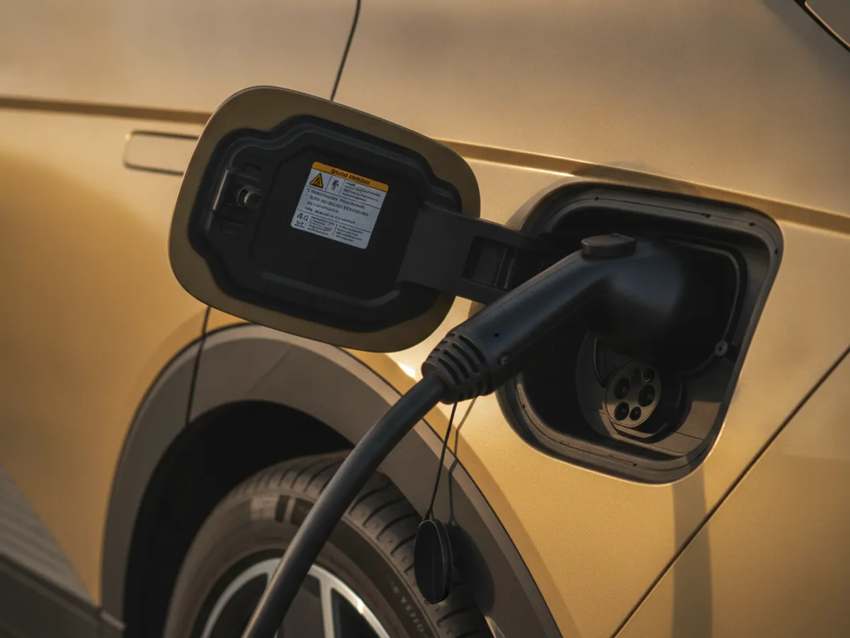 Close-up of a CCS charging cable and adapter connected to the rear quarter-panel charge port of a Hyundai Ioniq 5 during a mobile charging session