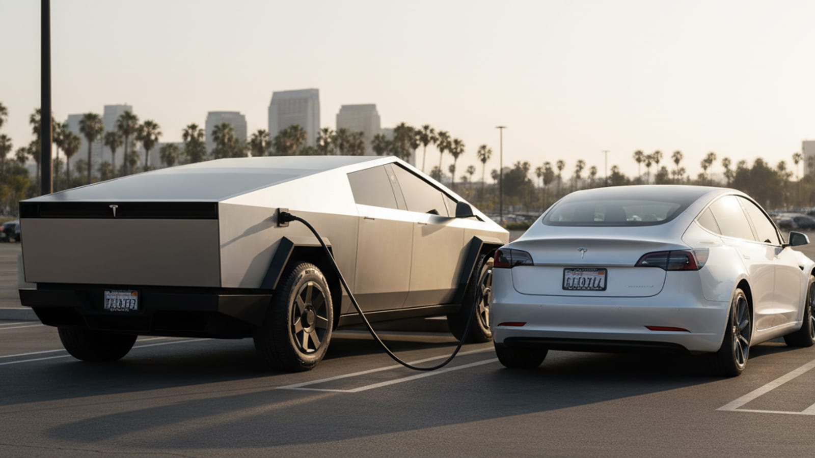 A Tesla Cybertruck parked beside a Tesla Model 3 with a charging cable running from the Cybertruck bed outlet to the Model 3 charge port in broad daylight