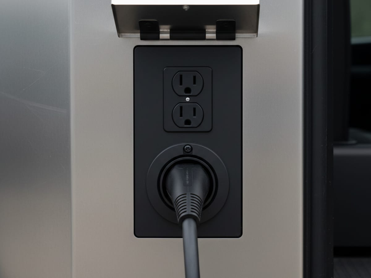 Close-up of the 240V outlet integrated into the rear-left corner of the Tesla Cybertruck bed wall with the cable plugged in