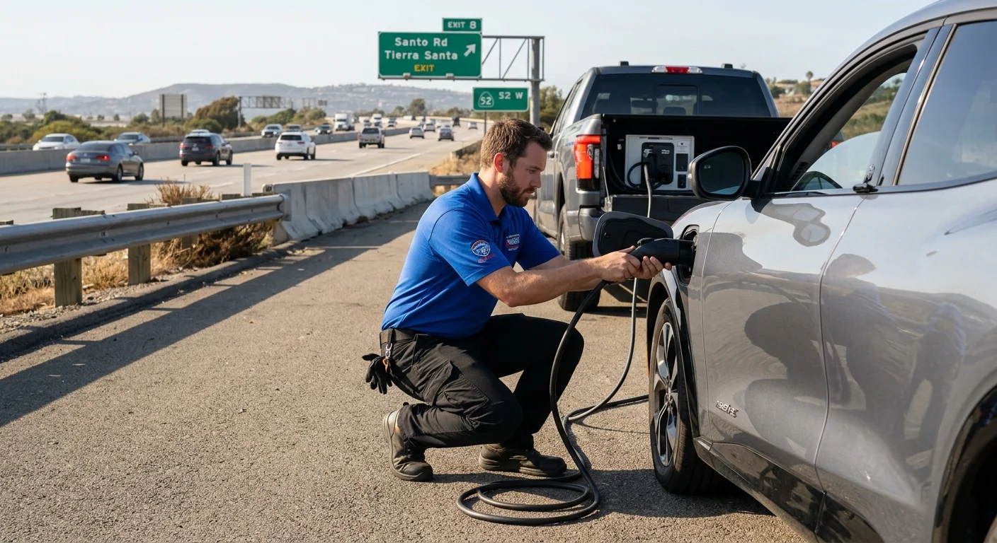An EV stopped near an SR-52 exit as the driver notes direction and access