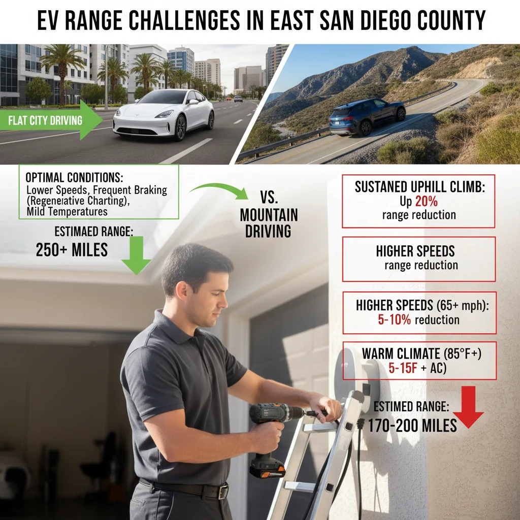 Infographic comparing EV range efficiency in urban versus East County mountain driving conditions.