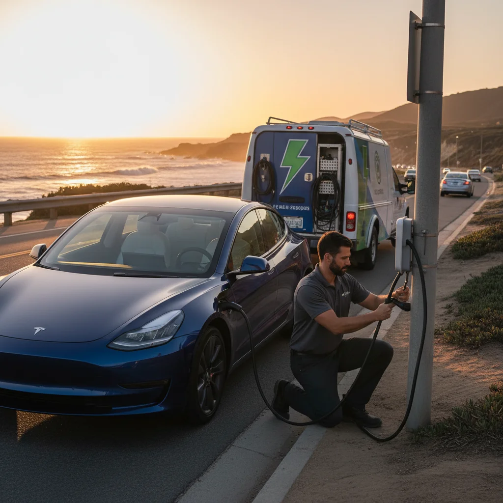 Tesla Model 3 on Sunset Cliffs Boulevard in Point Loma at sunset with mobile charging truck approaching.