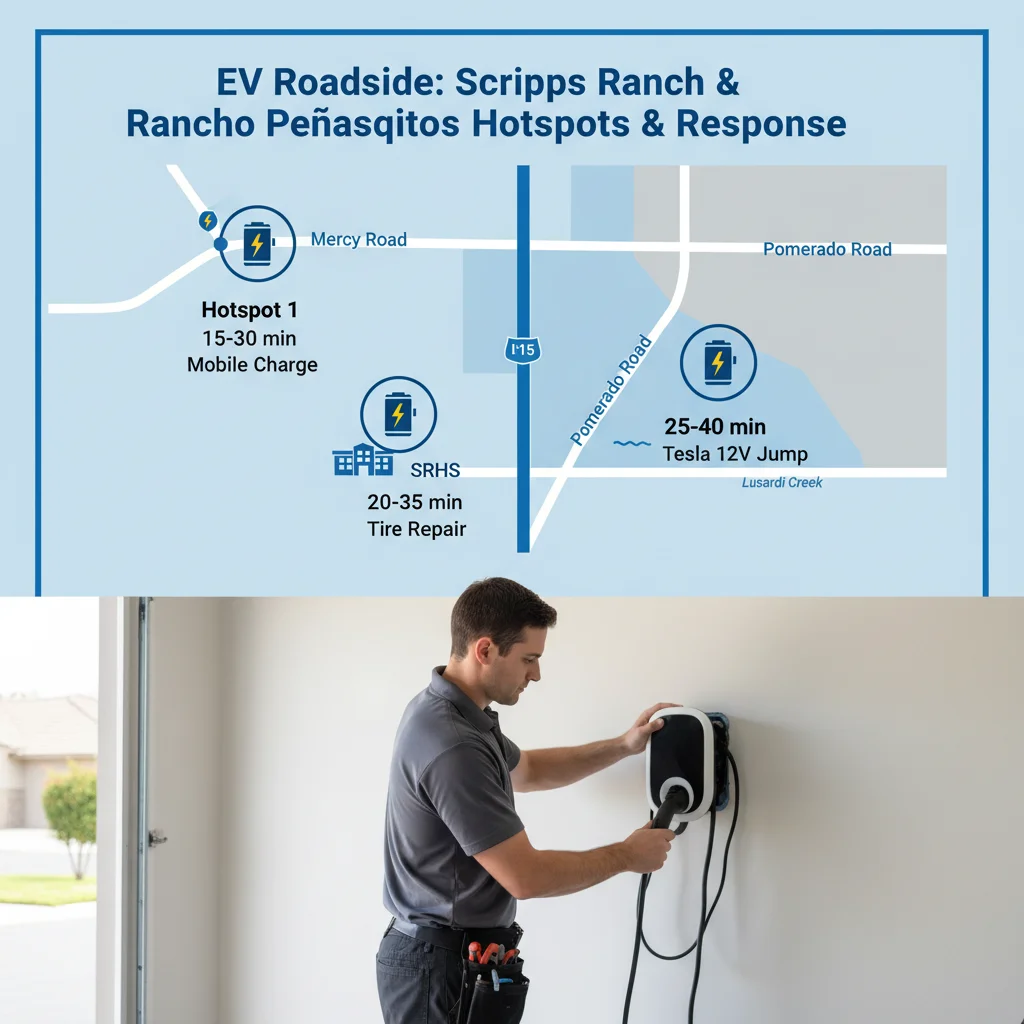 An infographic showing common EV breakdown spots in Scripps Ranch and Rancho Peñasquitos, detailing typical response times and service types available.