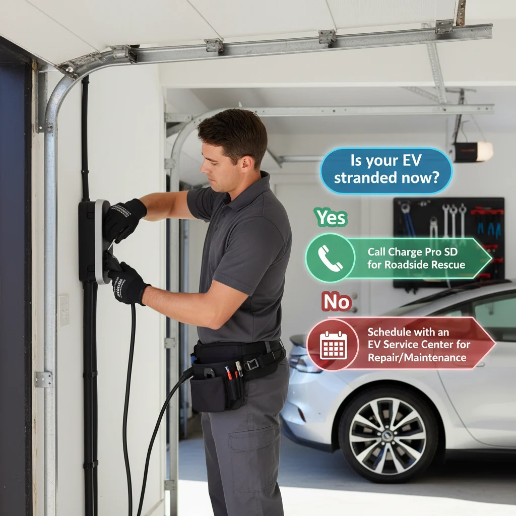 Flowchart asking 'Is your EV stranded now?' with 'Yes' pointing to 'Call Charge Pro SD' and 'No' pointing to 'Schedule with a service center'.