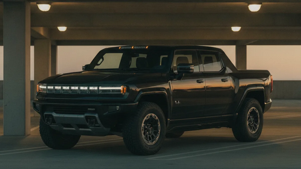 A GMC Hummer EV pickup parked alone in a dim San Diego parking structure with a dark, unlit interior.
