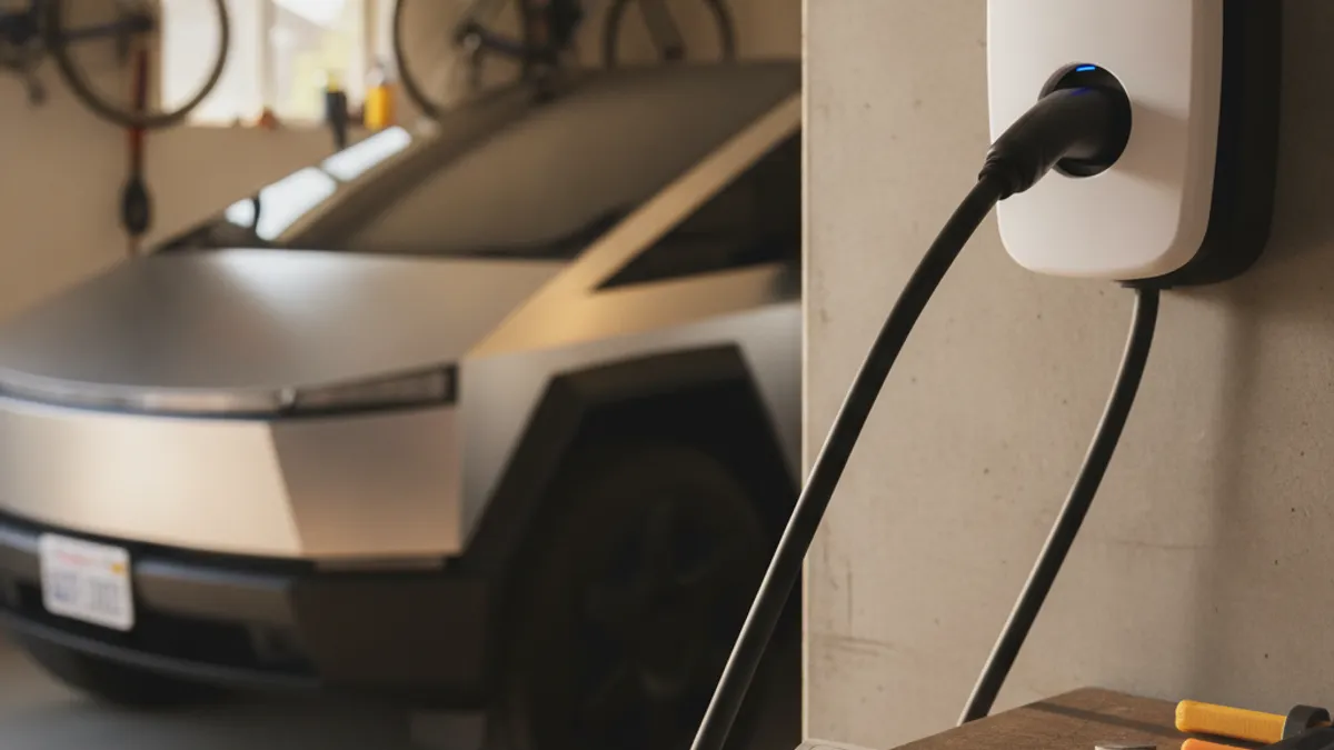 Close-up of an SDG&E electricity bill next to a Tesla charging cable plugged into a home wall connector in a San Diego garage.