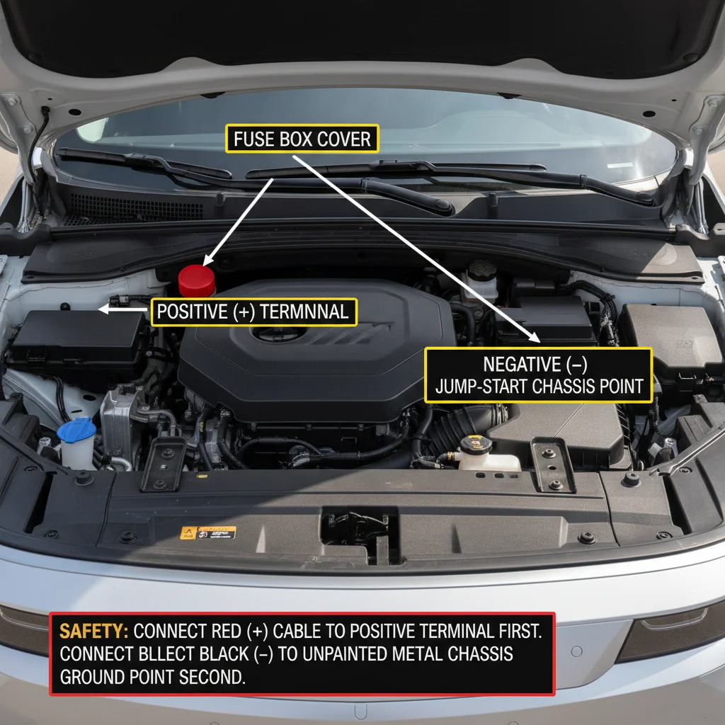 Hyundai Ioniq 5 12V battery jump-start connection sequence and troubleshooting steps