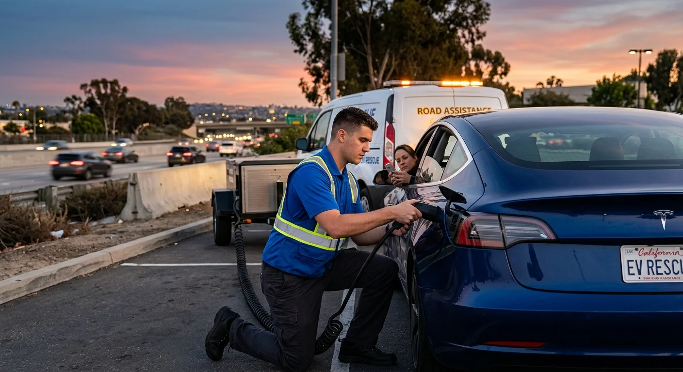 A Tesla parked in San Diego while a driver checks a phone.