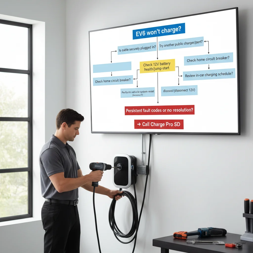 Infographic illustrating a troubleshooting flowchart for a Kia EV6 that won't charge, starting with simple checks and progressing to professional help.