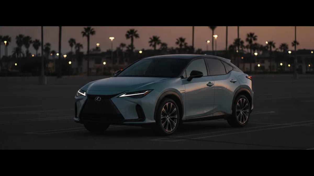A Lexus RZ electric crossover parked in a dim San Diego lot at dusk with a dark, unlit dashboard, illustrating a dead 12V battery.