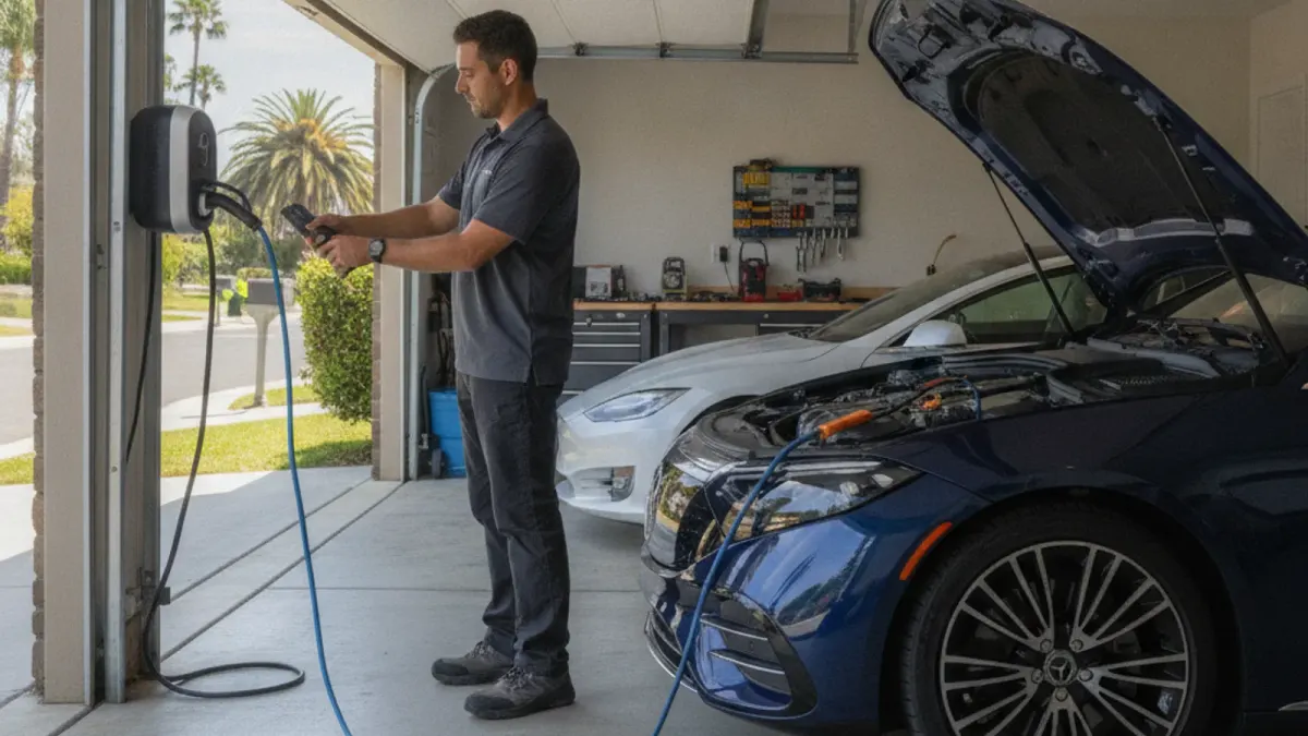 Mobile EV rescue technician connecting jump cables to the underhood jump terminals of a silver Mercedes EQE in a San Diego parking area at dusk.