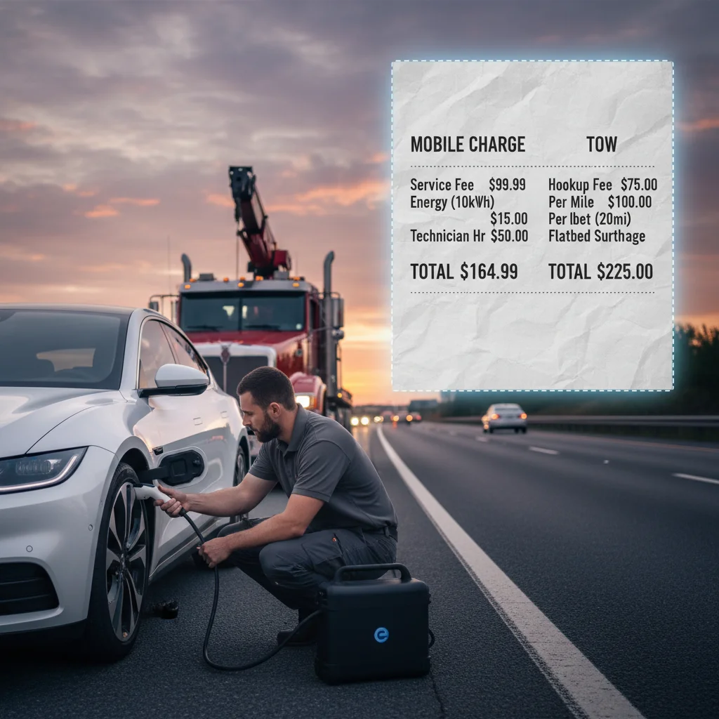 Receipt-style overlay showing two invoice columns, mobile charge vs tow, beside an EV on the shoulder.