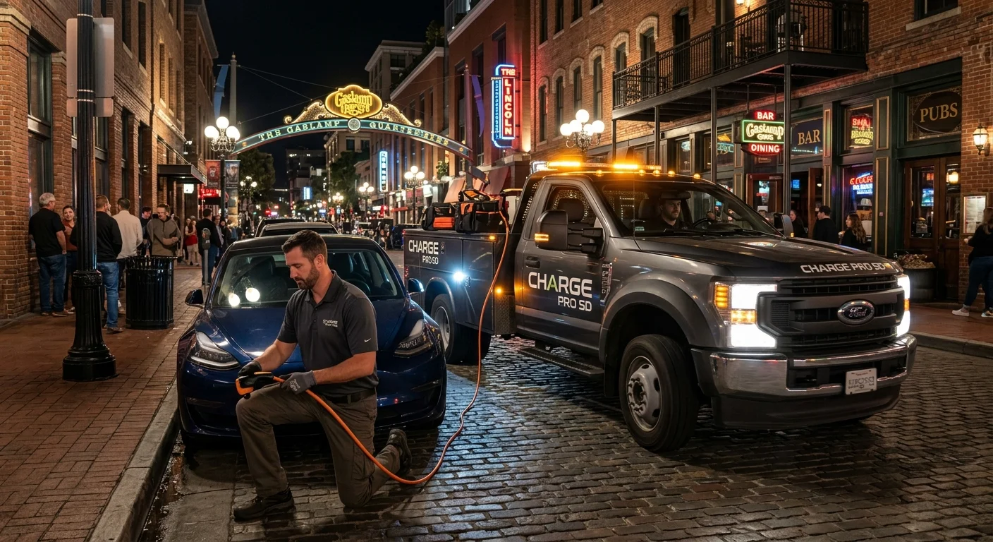 A Charge Pro SD rescue vehicle carefully navigating a narrow street in the historic Gaslamp Quarter of San Diego at night to reach a stranded EV.