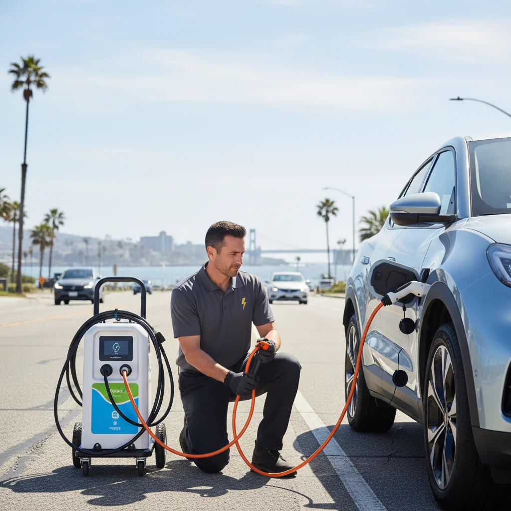A Tesla Cybertruck mobile EV rescue vehicle arriving at a parking lot in Mission Valley San Diego to charge a stranded electric vehicle.
