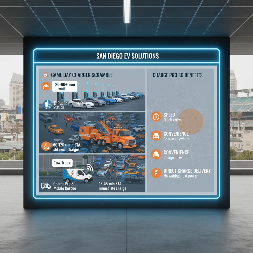 Infographic showing challenges of finding EV charging in downtown San Diego near Petco Park during events, comparing wait times and access for public chargers vs. mobile rescue.