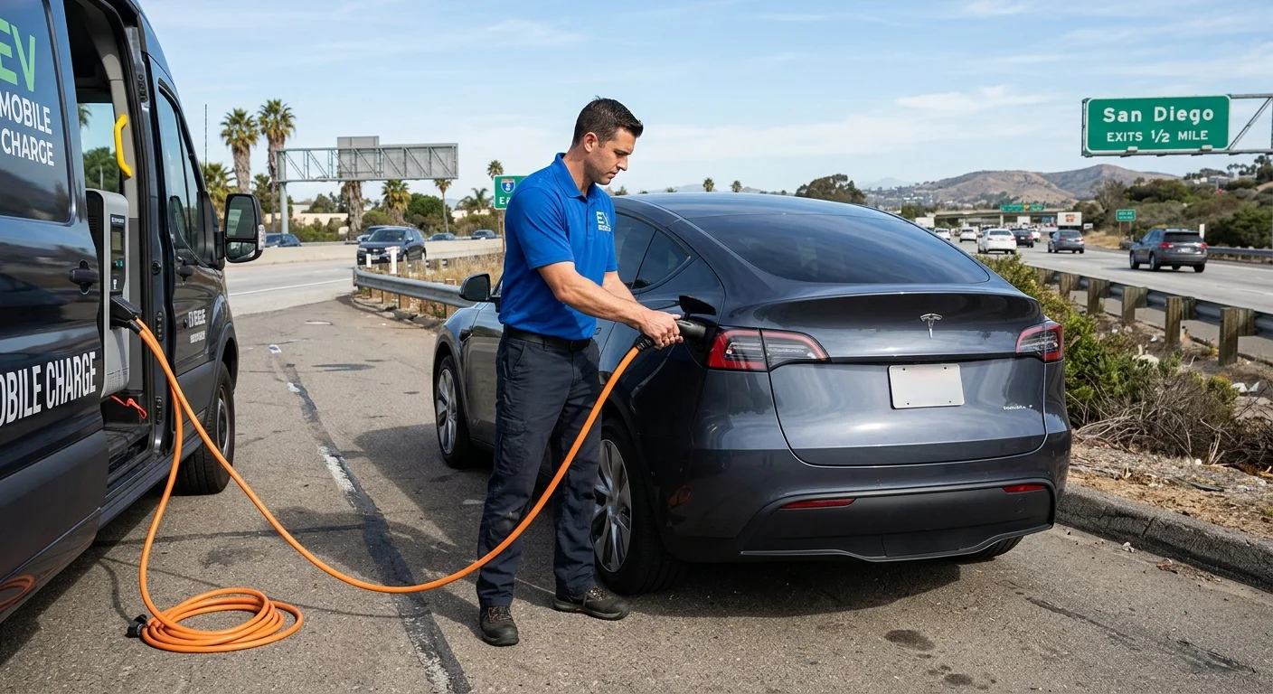 A Tesla parked near a San Diego freeway exit.