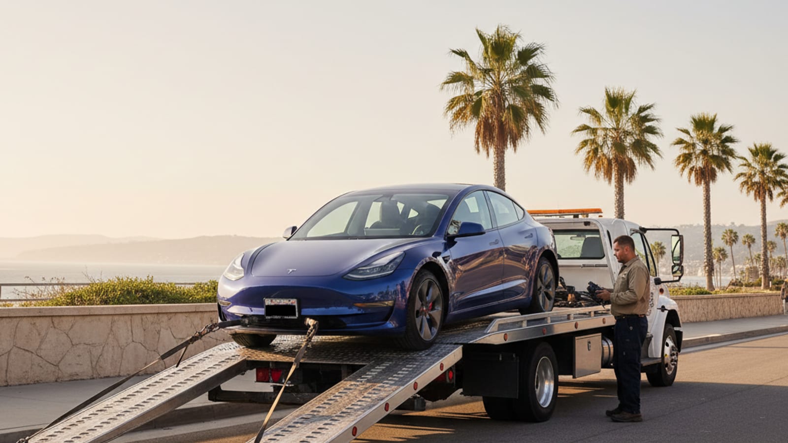 Split-scene composition showing a Charge Pro SD rescue truck charging a stranded Tesla on the left and a flatbed tow truck hauling a different Tesla on the right