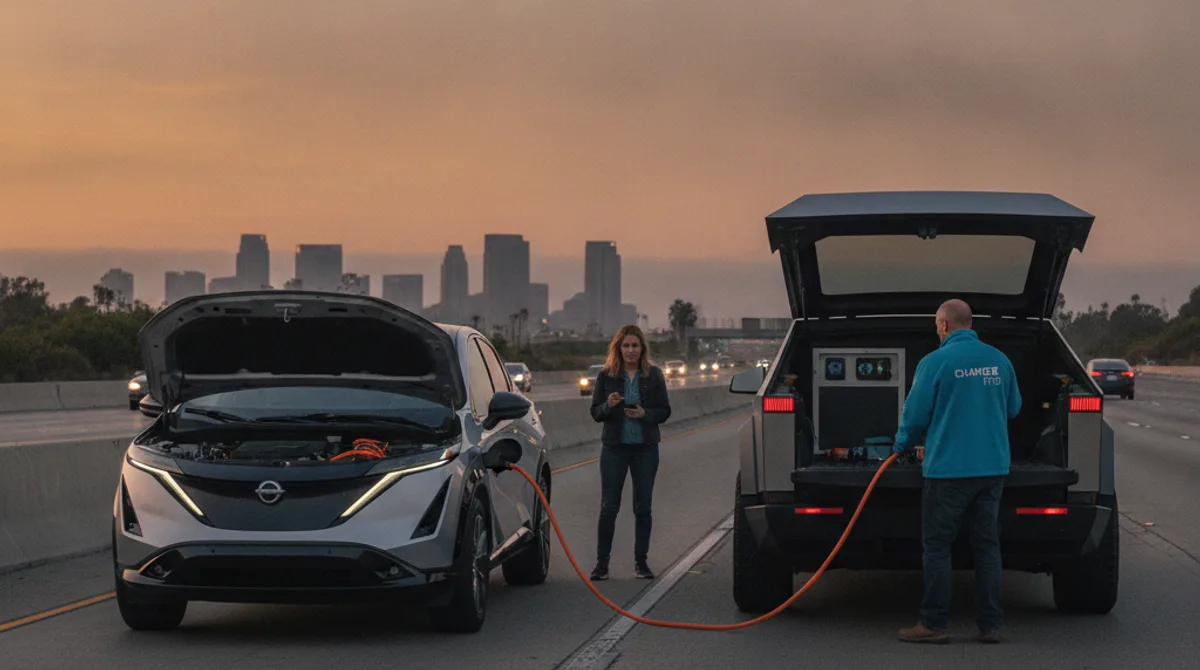 A mobile EV rescue technician connects a jump pack to a stranded Nissan Ariya parked roadside in San Diego County at dusk.