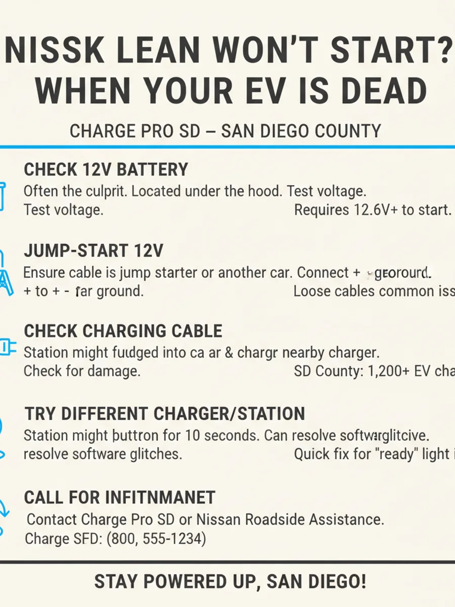 Diagram of the 12V battery and jump-start terminals under the hood of a Nissan Leaf.
