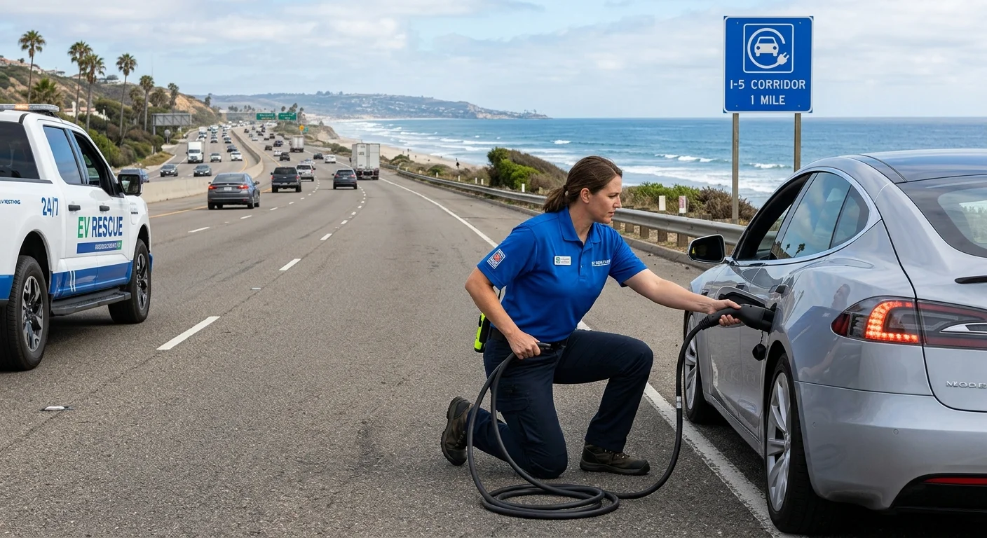 A Tesla on a road near the Oceanside coast.