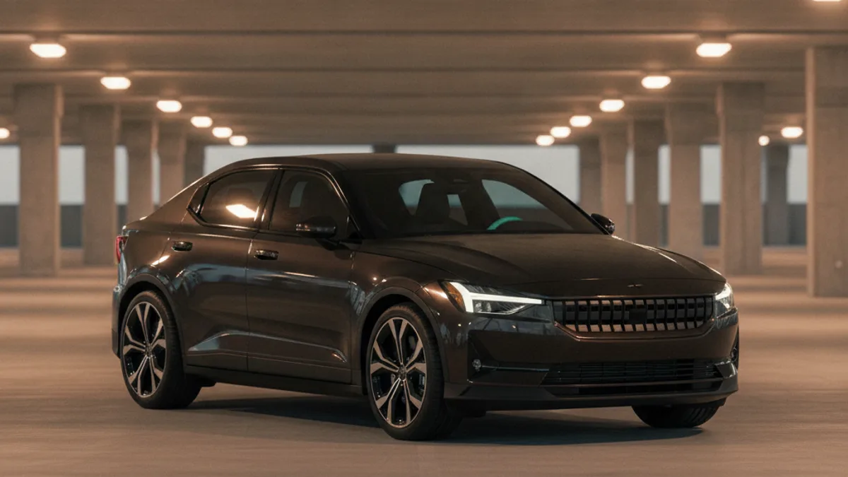 A Polestar 2 parked in a San Diego parking structure with a dark, unresponsive dashboard, illustrating a dead 12V battery.