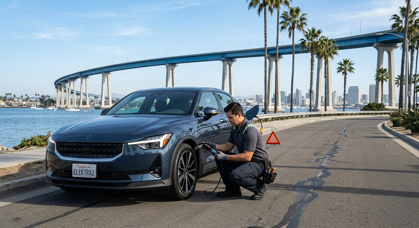 A sleek Polestar 2 EV parked on the side of a sun-drenched road in Coronado with the San Diego-Coronado Bridge in the background, waiting for roadside assistance.