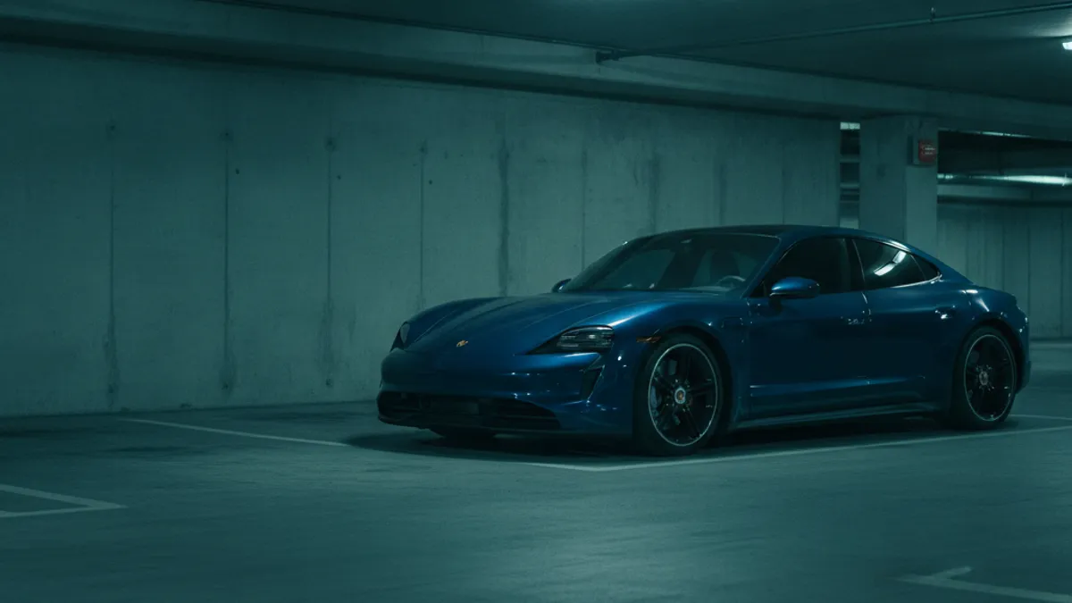 A Porsche Taycan parked in a San Diego structure with a dark dashboard, illustrating a dead 12V battery.