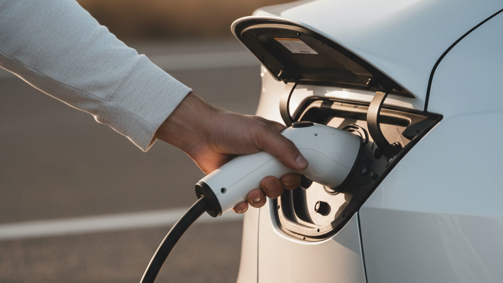 Close-up of a NACS charging connector stuck in a Tesla Model Y charge port with the drivers hand tugging on it and the charge port door open
