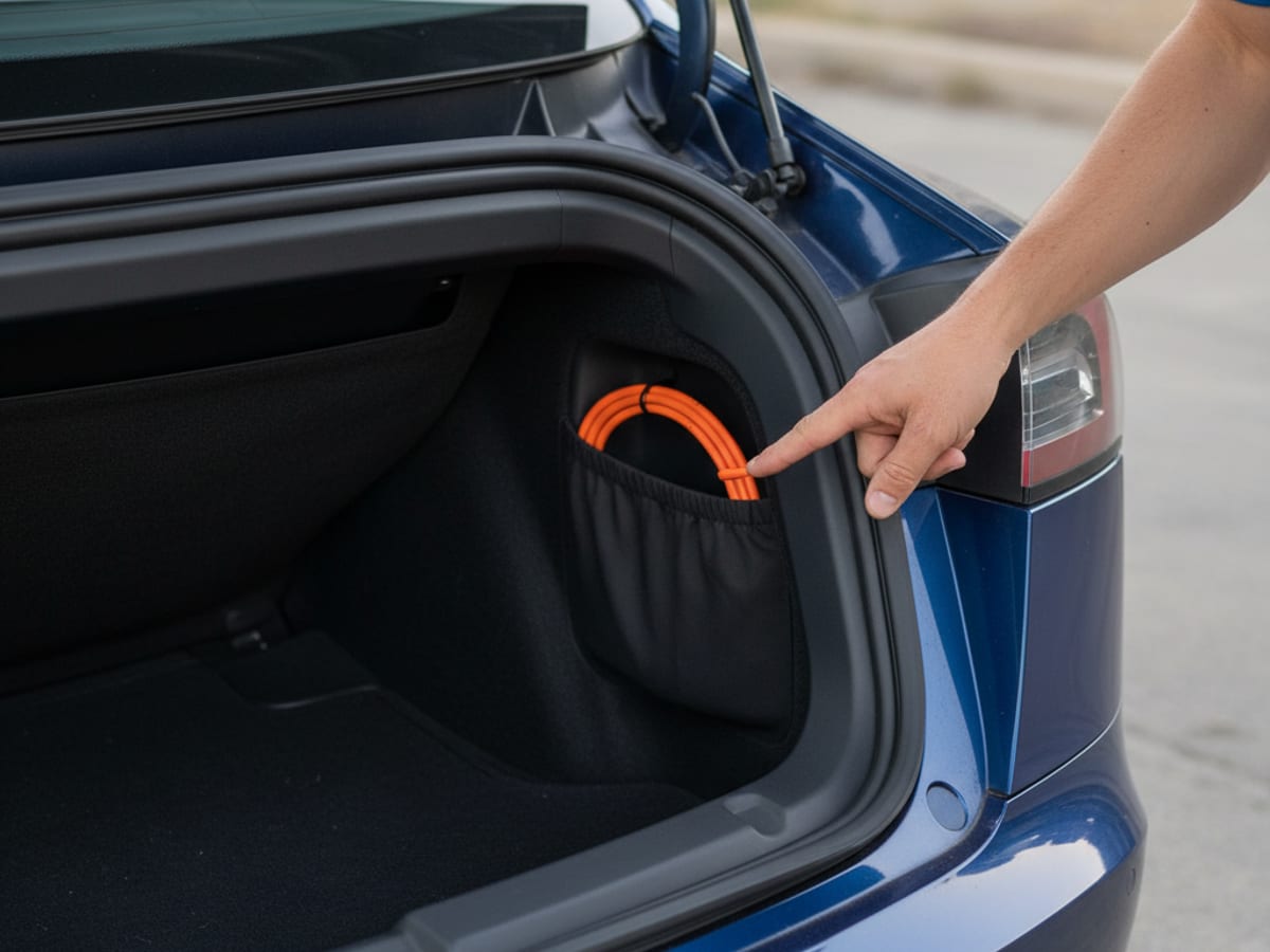 Inside a Tesla Model 3 trunk showing the manual charge port release cable location behind a small access panel on the passenger side trim