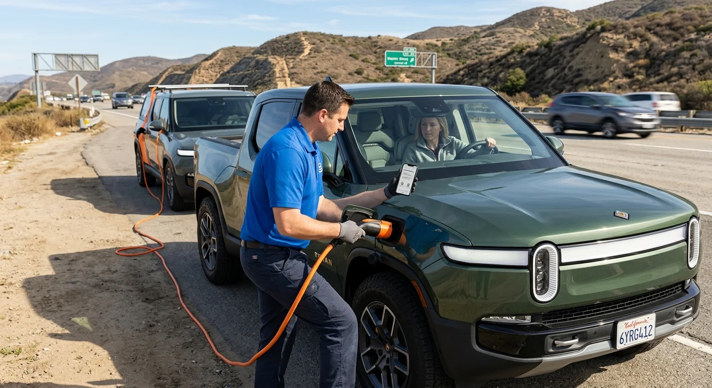 A Rivian driver using a phone in the vehicle.