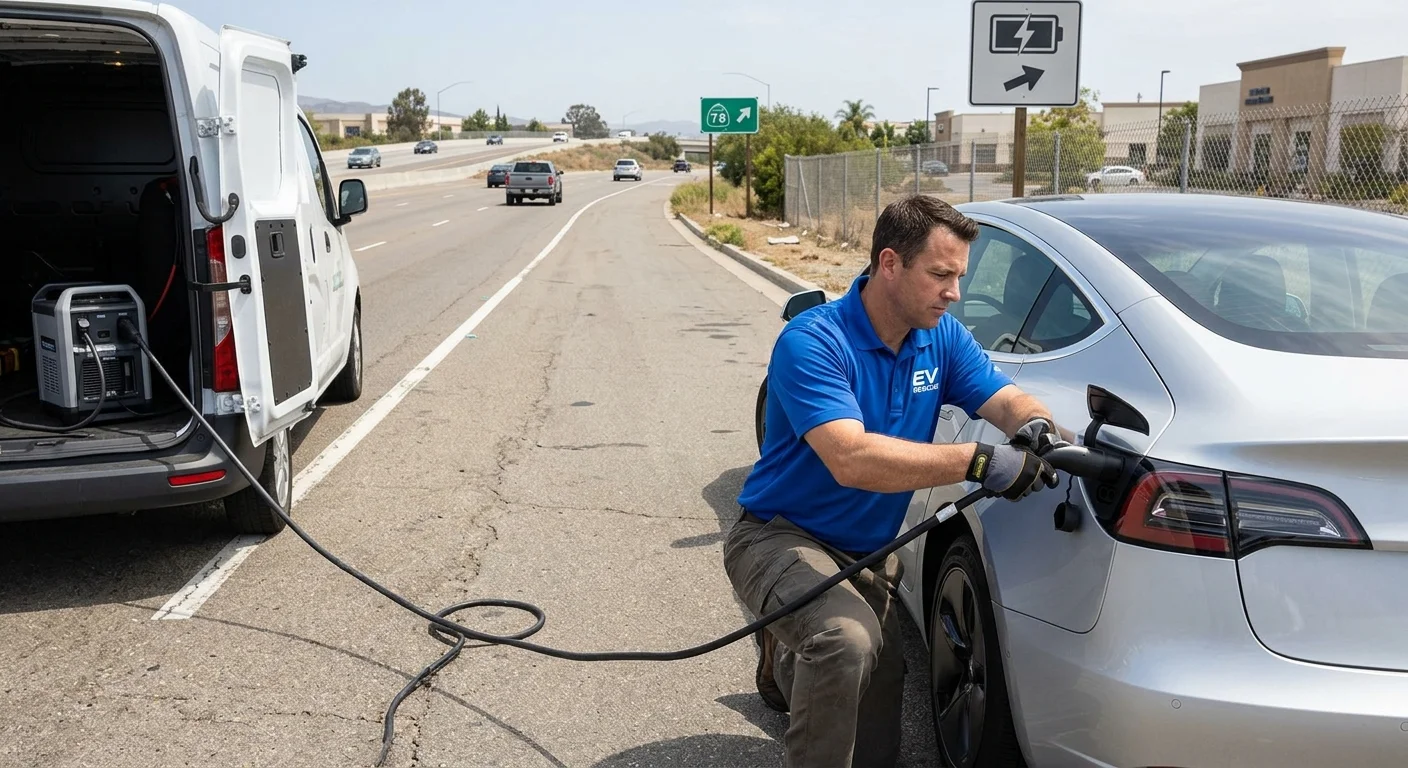 Tesla driving near SR-78 in San Marcos with a charging symbol ahead