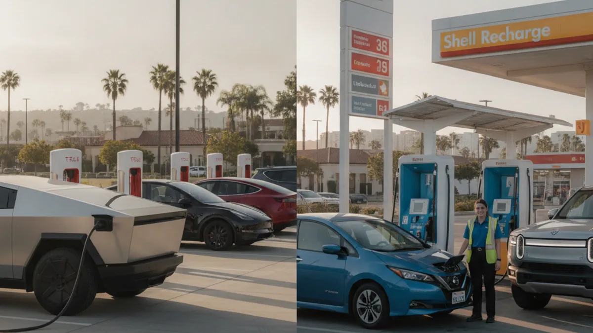 A split scene showing a Tesla Supercharger station on one side and a Shell Recharge fast charging station at a gas station on the other, both in a San Diego setting.