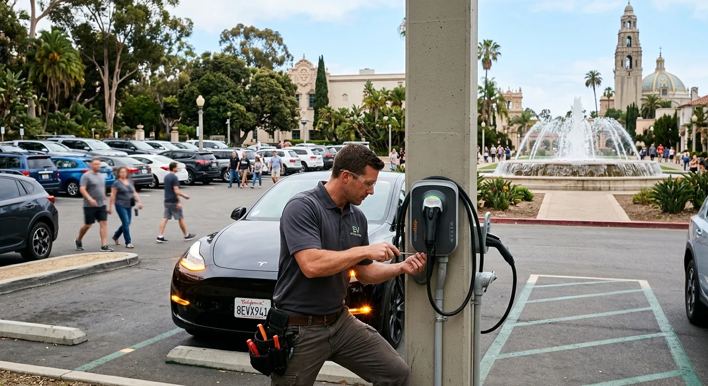 An electric vehicle with its hazard lights on, parked in the busy parking lot of the San Diego Zoo or near the Bea Evenson Fountain in Balboa Park.