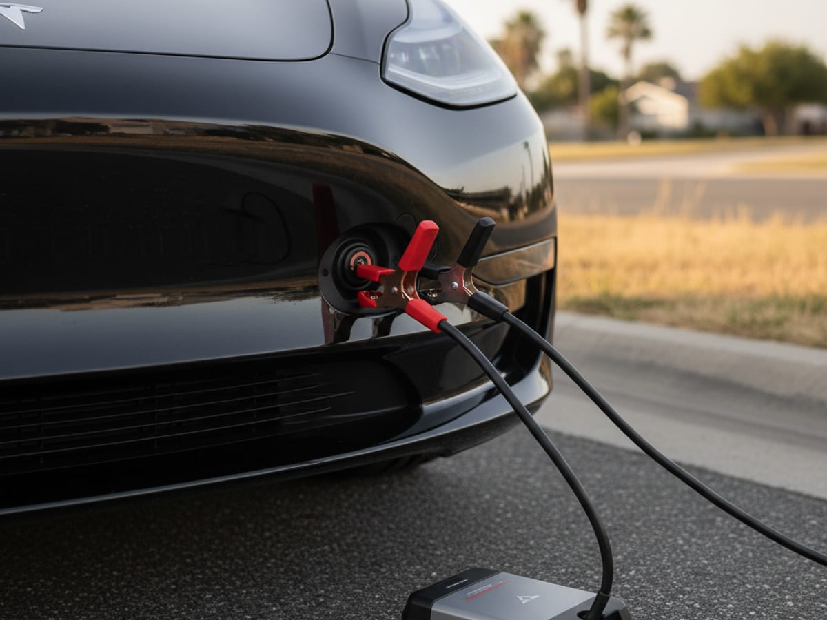 Close-up of a portable 12V jump pack with red and black leads connected to the tow-eye access terminals on a Tesla Model 3 front bumper