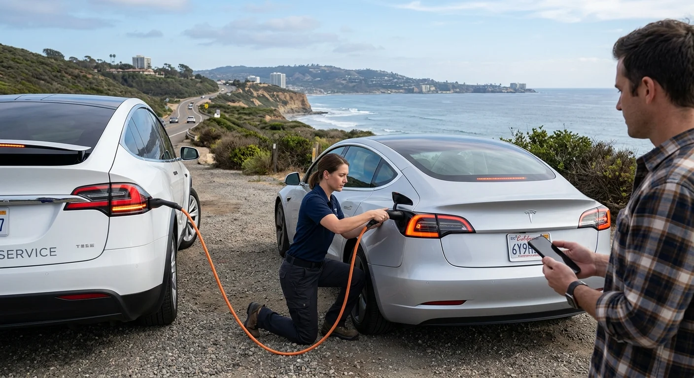 A Tesla stopped in a San Diego roadside turnout.