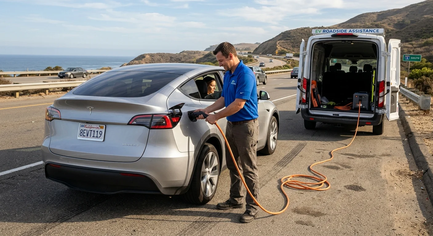 A Tesla parked while a driver checks a phone.