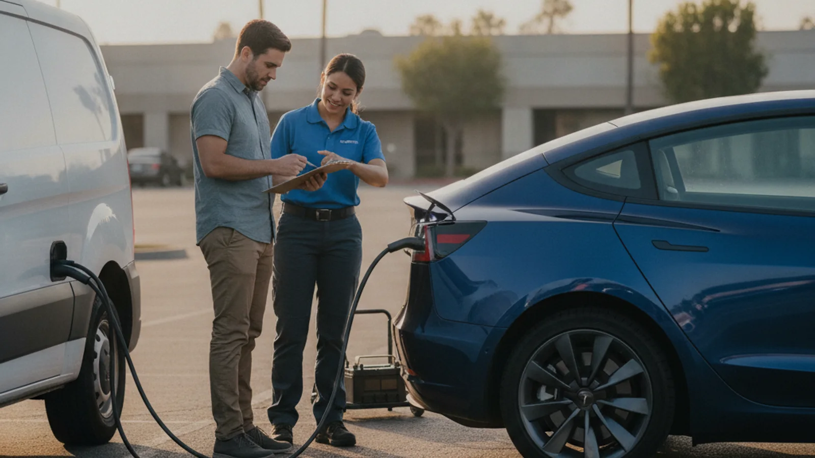 A Tesla Model 3 parked in a driveway.