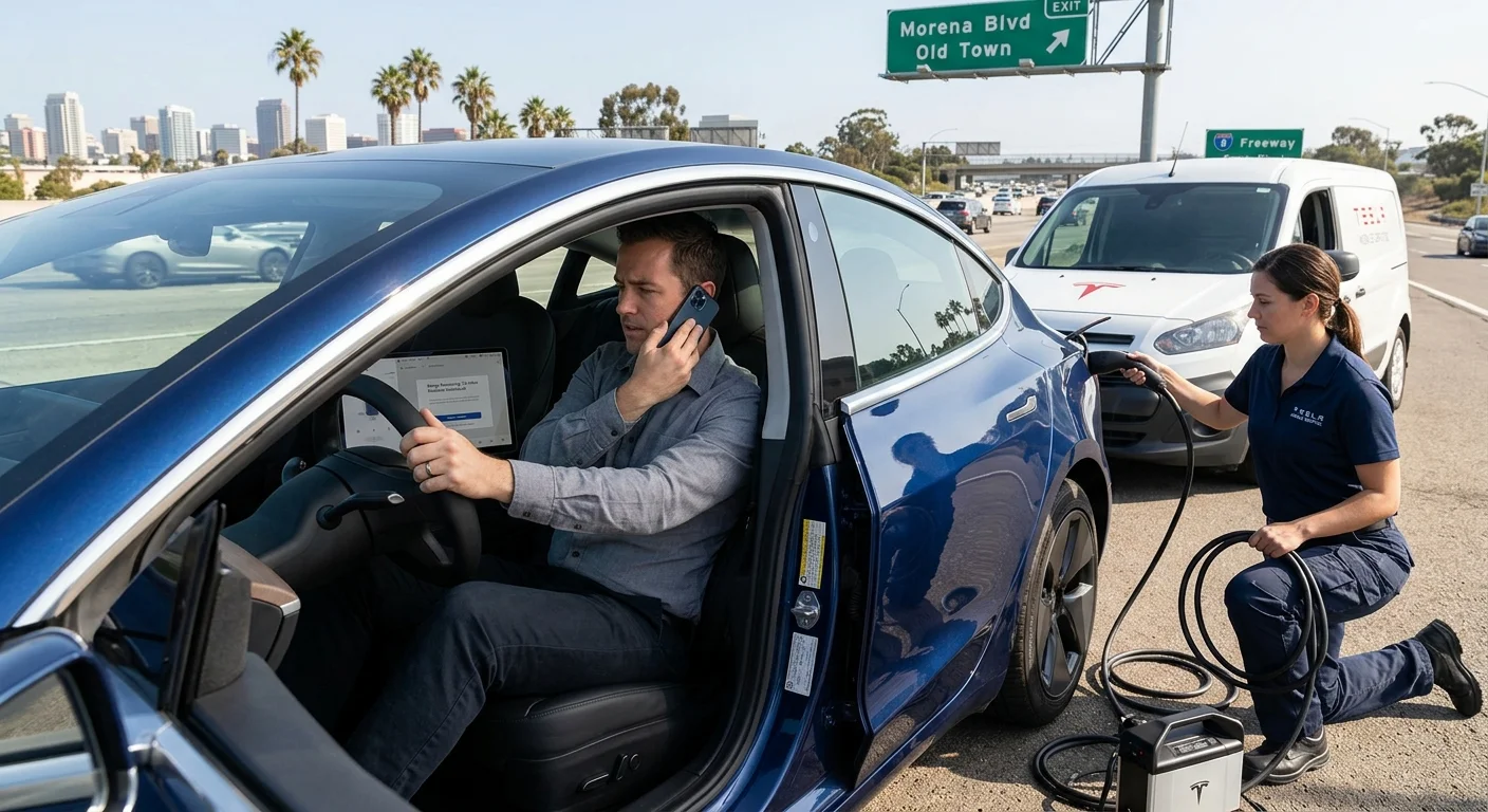 A Tesla Model 3 parked near a San Diego freeway exit.