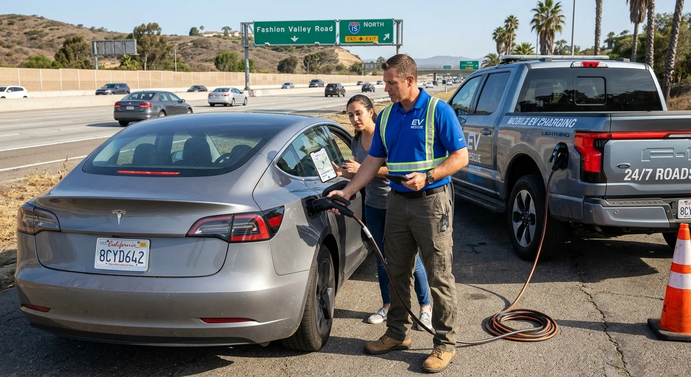 A Tesla Model 3 near a San Diego freeway exit.